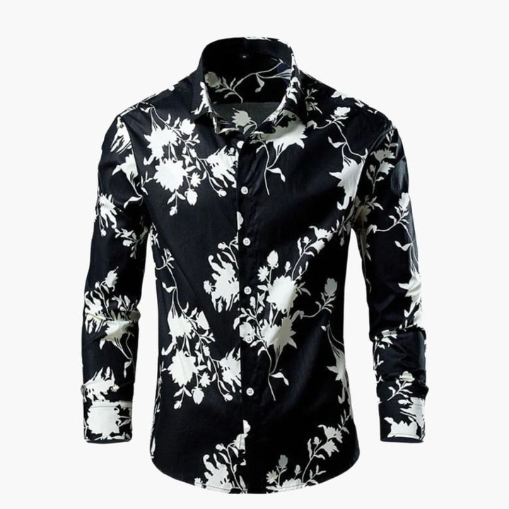 Svart herrskjorta med vitt blommigt mönster i slimfit