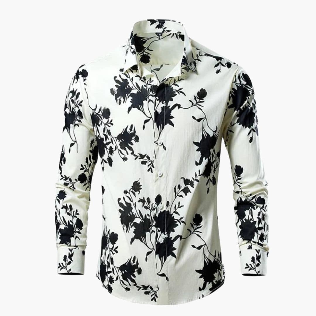 Vit herrskjorta med svart blommigt mönster och lång ärm