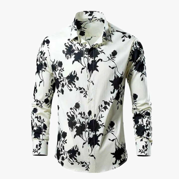 Vit herrskjorta med svart blommigt mönster och lång ärm