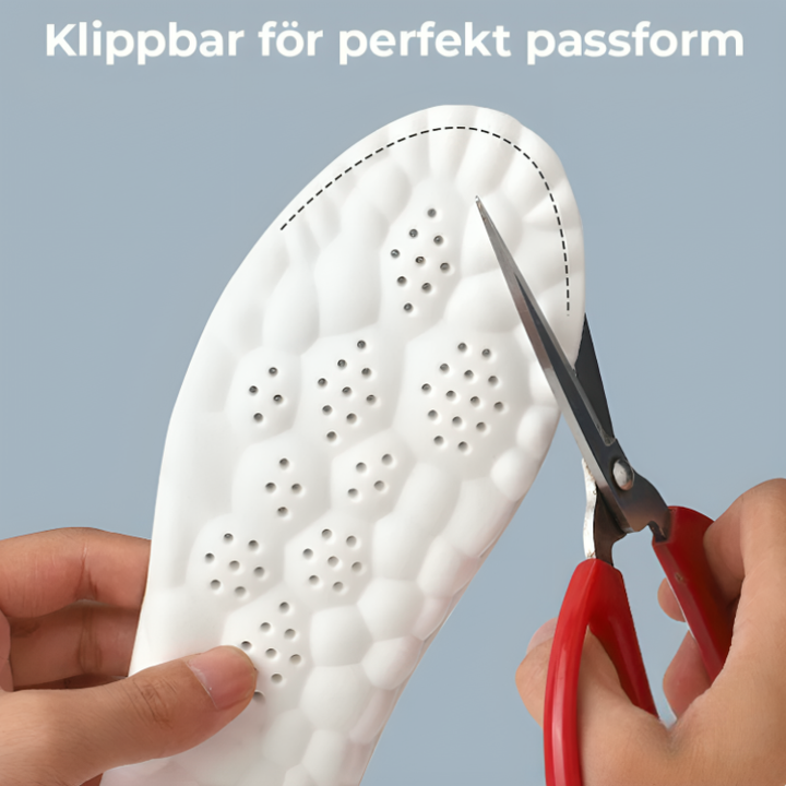 Närbild på sulornas avancerade hålfotsstöd för lindring av fotvärk och hälsporre.