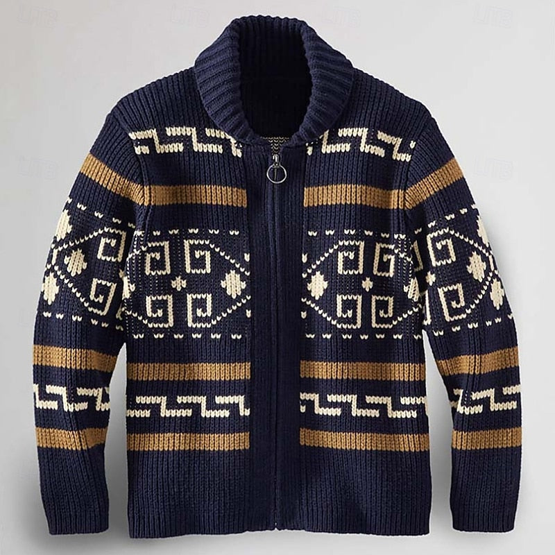 Mönstrad marinblå zip-cardigan för herrar framifrån mot ljus bakgrund