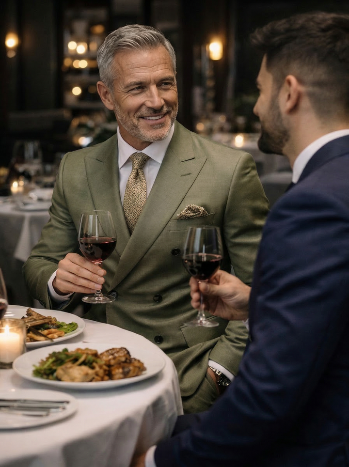 Mogen man i olivgrön kostym som skålar med rödvinsglas på restaurang.