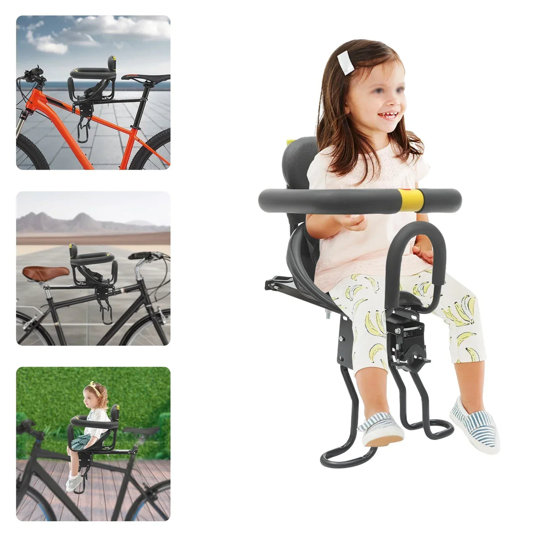 Detaljbild av säker barncykelsits med fotstöd och skyddsräcke