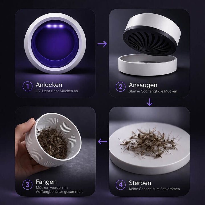 Fyrstegsguide som visar hur UV-lampan lockar och fångar insekter