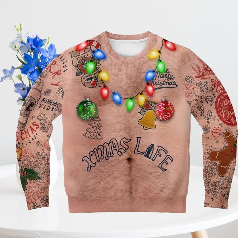 "Ful unisex jultröja i polyester med 3D-tryck, livfulla färger, idealisk för julen, humoristisk och bekväm design."