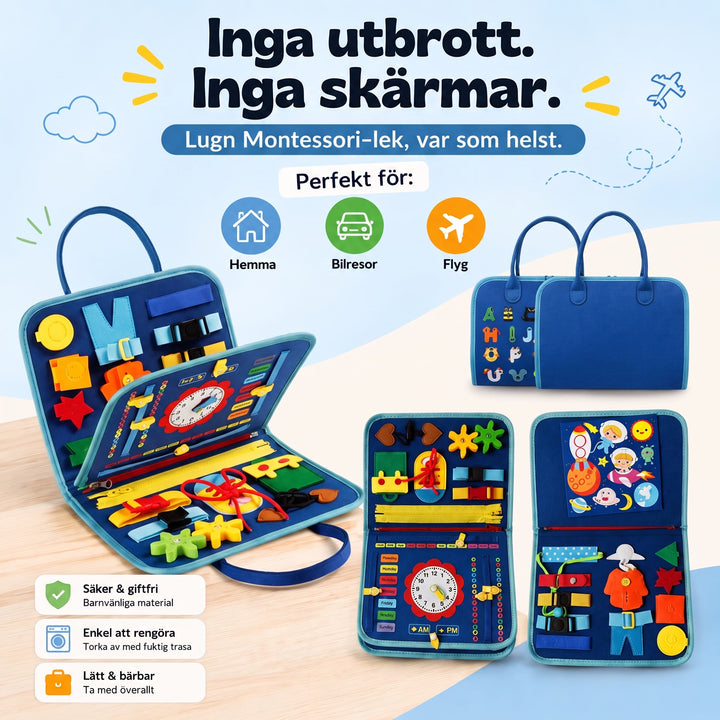 Montessori aktivitetsbok för barn som tränar finmotorik med blixtlås och knappar