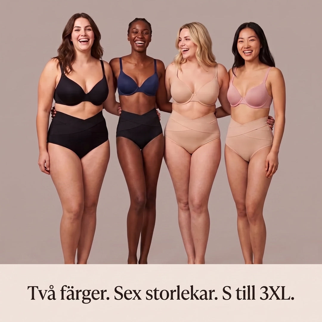 Fyra kvinnor i olika storlekar visar Zvarelo trosor i färgerna svart och nude