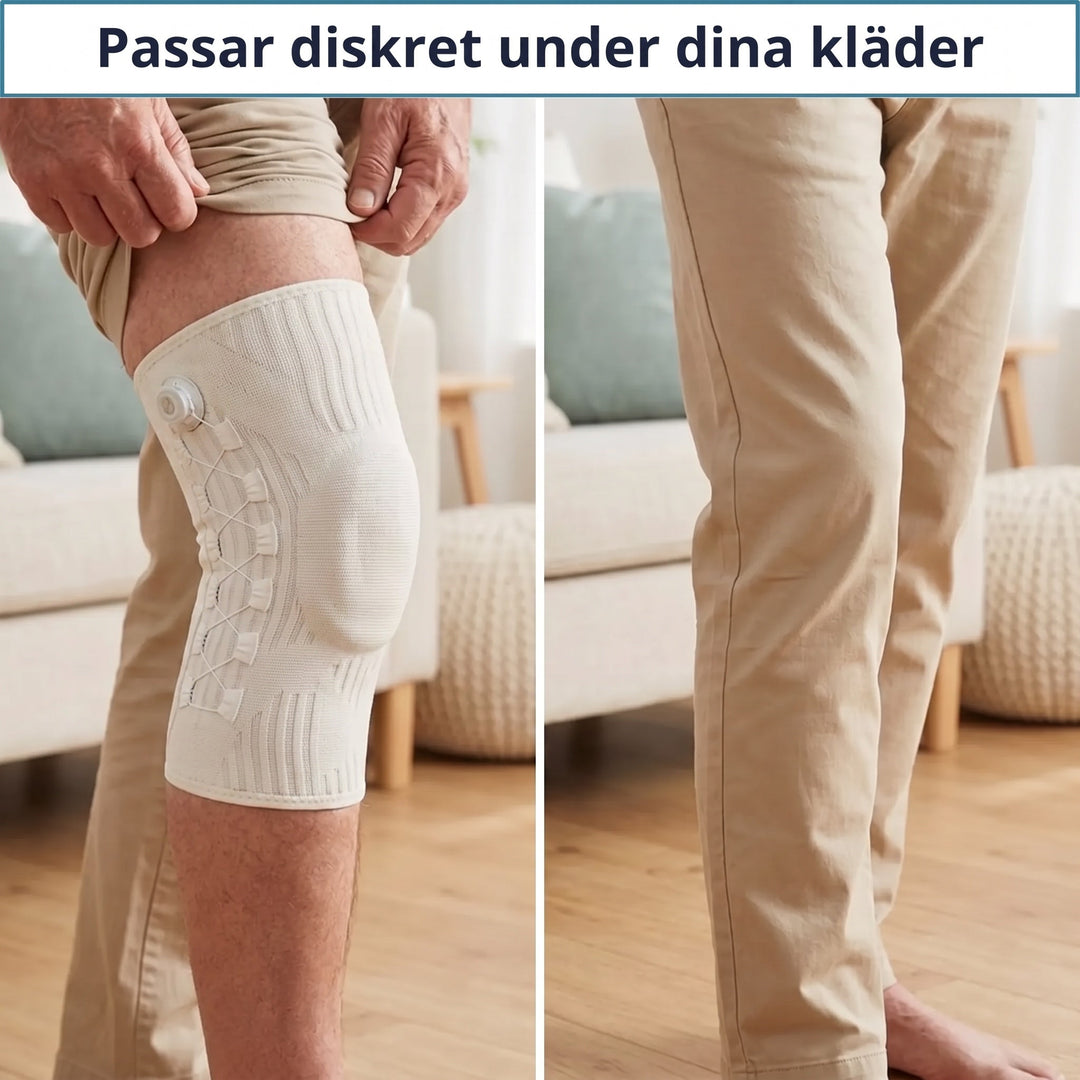 Närbild på det svarta knäskyddet som visar den innovativa vridknoppen för åtdragning