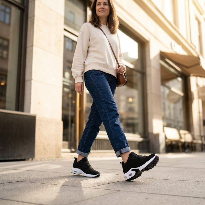 Kvinna promenerar i staden i svarta Zvarelo sneakers med vit sula