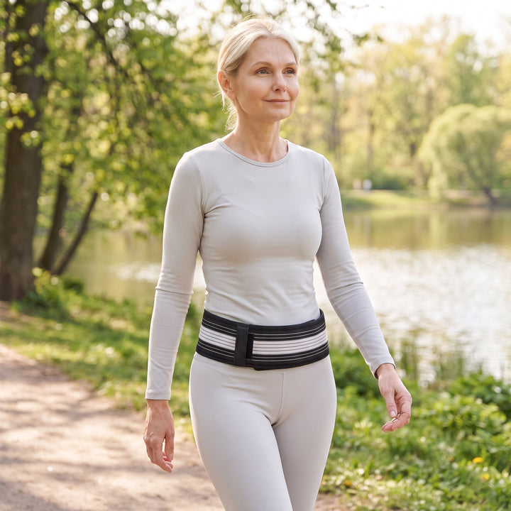 Justerbart bäckenbälte för stabilisering och stöd runt höfterna vid promenad