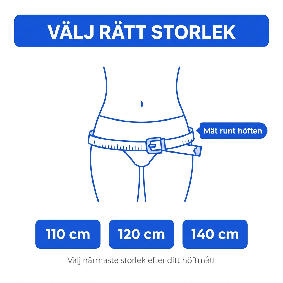 Storleksguide som visar hur du mäter runt höften för rätt passform
