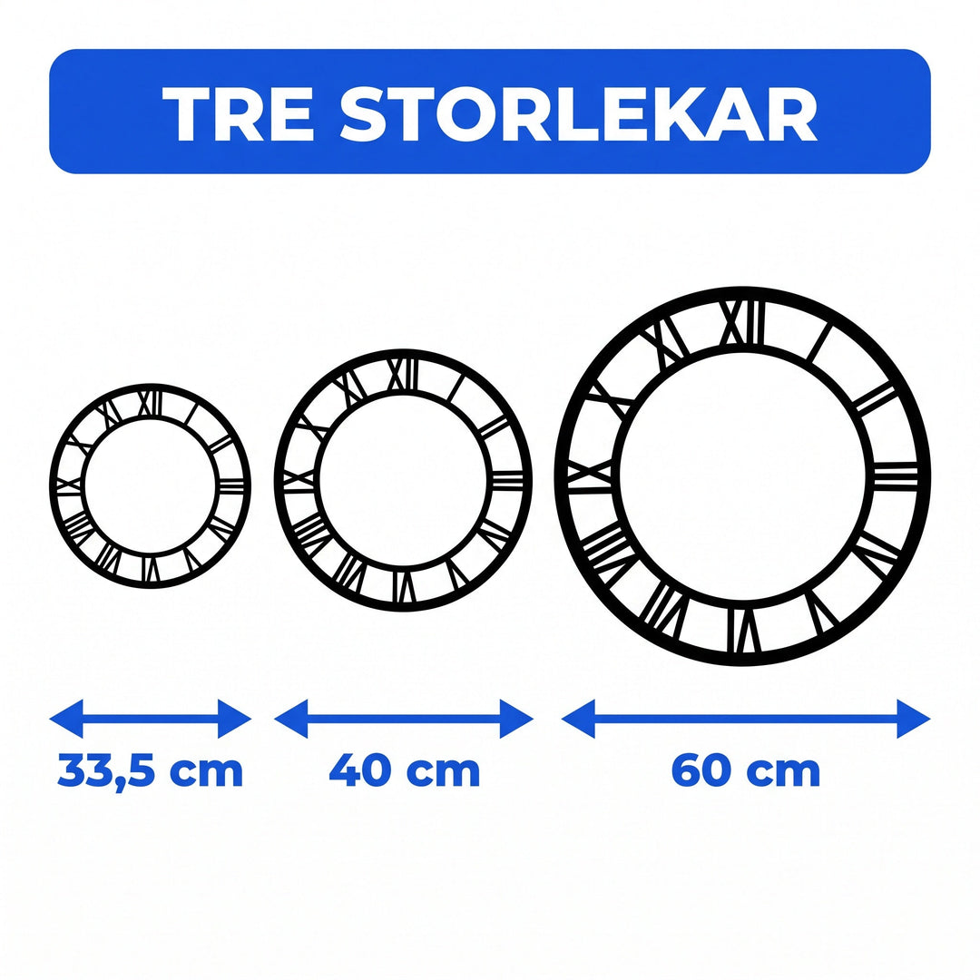Illustration som visar de tre tillgängliga storlekarna 33,5 cm, 40 cm och 60 cm för väggklockan