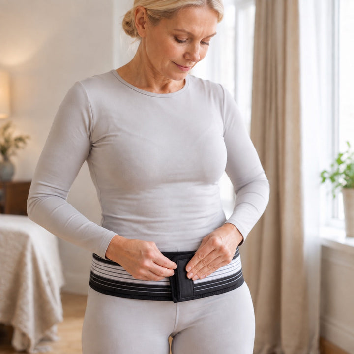 Ergonomiskt bäckenbälte som sitter diskret under kläderna för höftstöd
