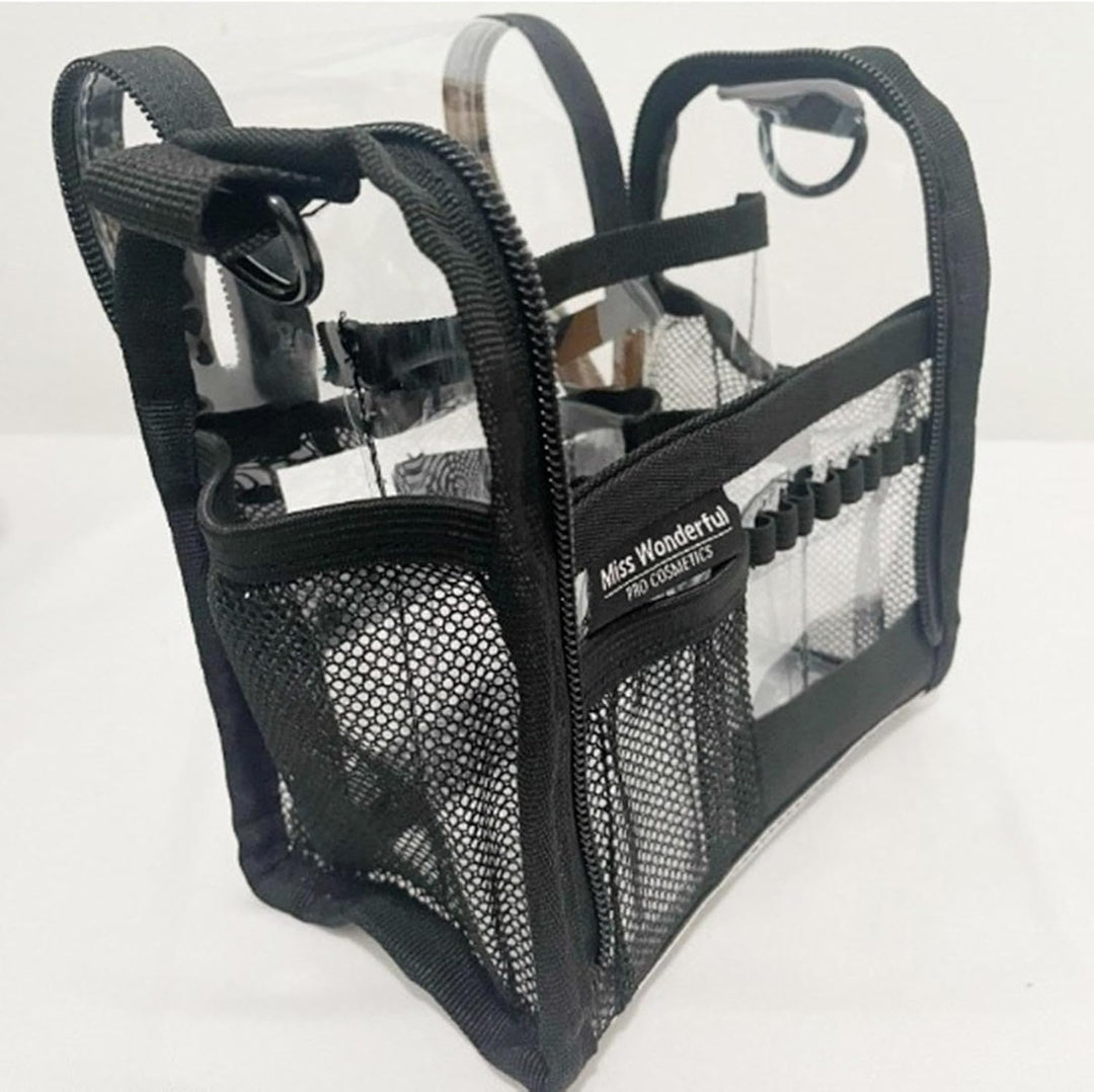 Vattentät genomskinlig sminkväska i PVC, idealisk för att snabbt hitta dina favoritsminkprodukter.