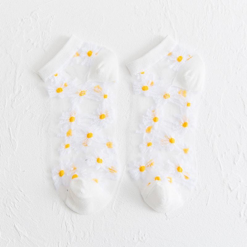 Genomskinliga damsockor med blommotiv, feminin design med spets- och blomdetaljer, perfekt för sommaroutfits.