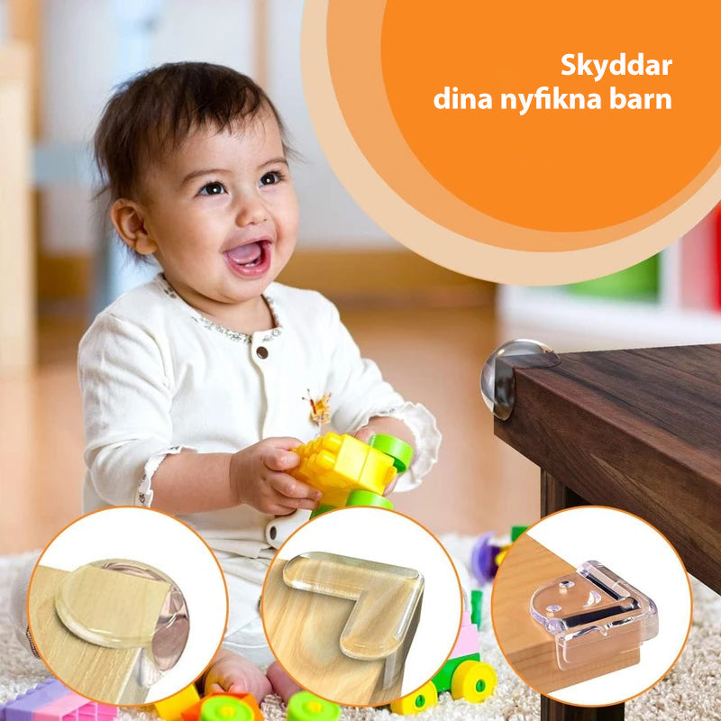 Genomskinliga hörnskydd i PVC för barnsäkerhet, skyddar möbler utan att störa designen, enkel installation.