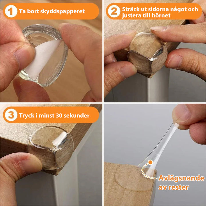 Genomskinliga hörnskydd i PVC för barnsäkerhet, skyddar möbler utan att störa designen, enkel installation.