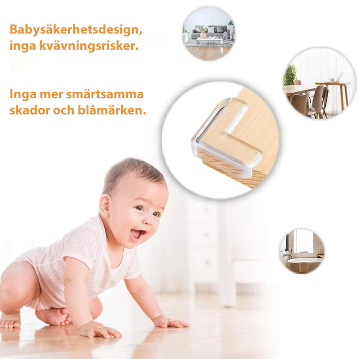 Genomskinliga hörnskydd i PVC för barnsäkerhet, skyddar möbler utan att störa designen, enkel installation.