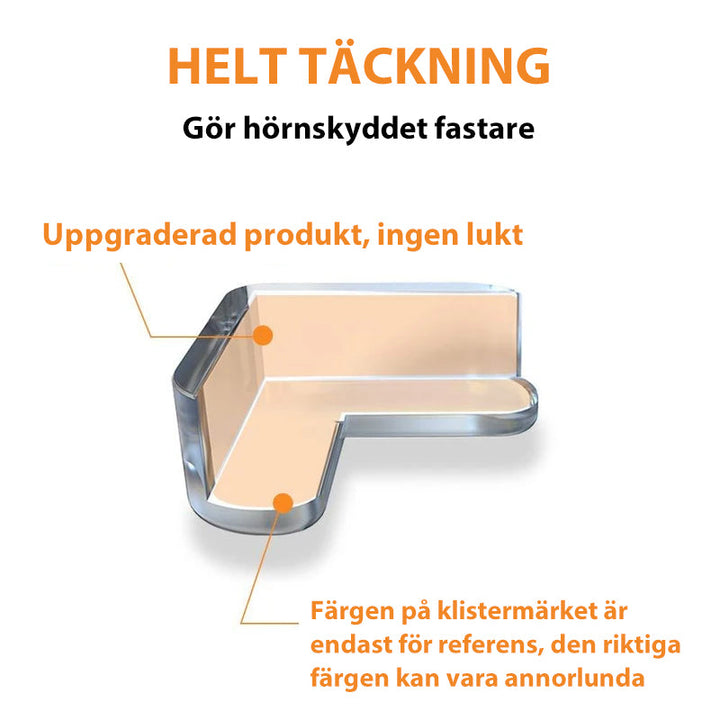 Genomskinliga hörnskydd i PVC för barnsäkerhet, skyddar möbler utan att störa designen, enkel installation.