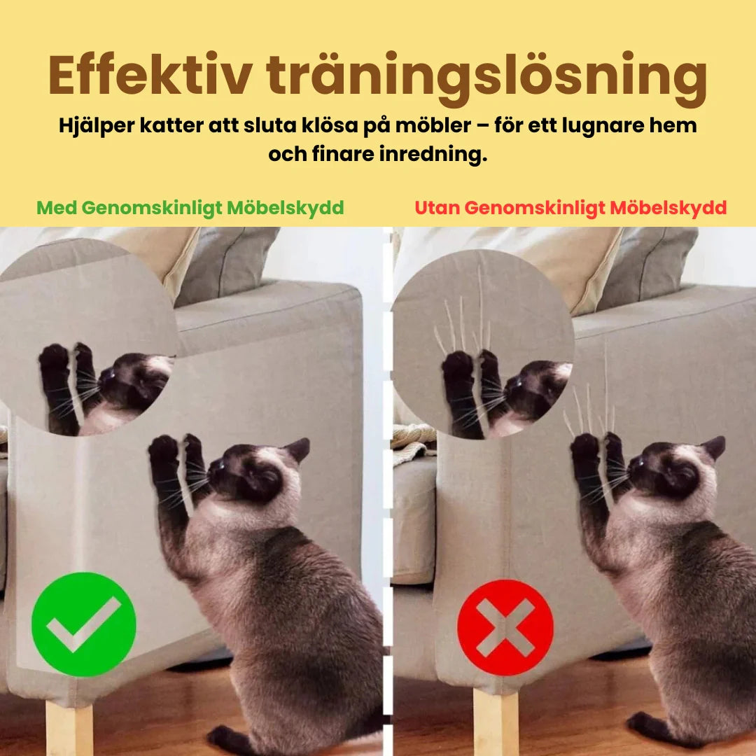 Genomskinligt kattmöbelskydd. Ett effektivt klösskydd för soffa och andra tygmöbler.