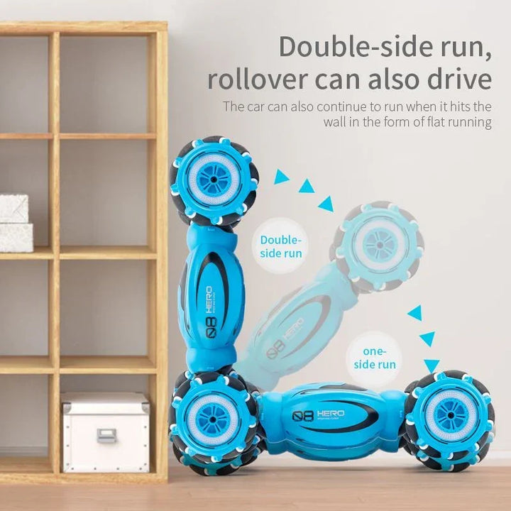 Röd och blå fjärrstyrd stuntbil med häftiga ljuseffekter och robust design