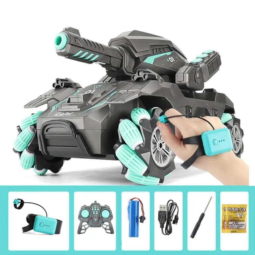 Geststyrd RC-tank i grön färg med tillhörande sensorarmband och tillbehör