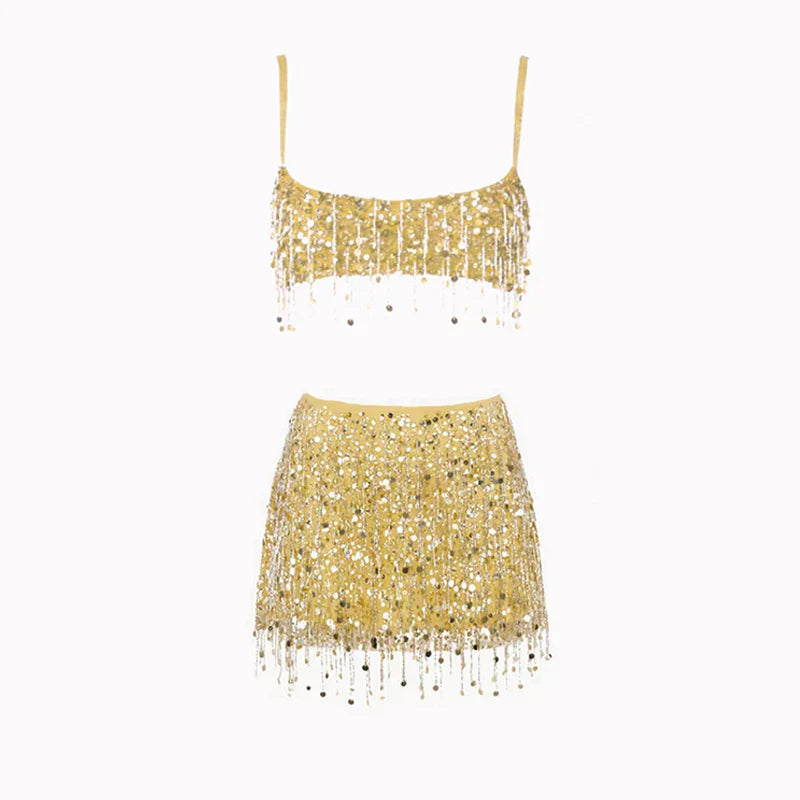 Chic dam bikini-set med glittrande paljetter och fransar, perfekt för kvinnor badkläder och sommarstilar.