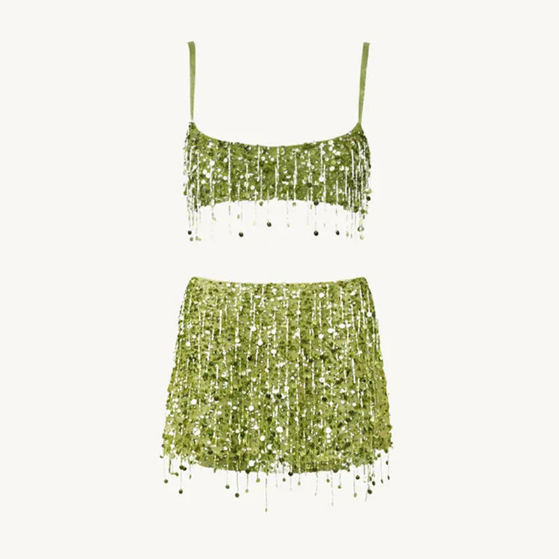 Modefransbikini med paljetter för dam, trendiga badkläder som ger en glittrande sommarlook.