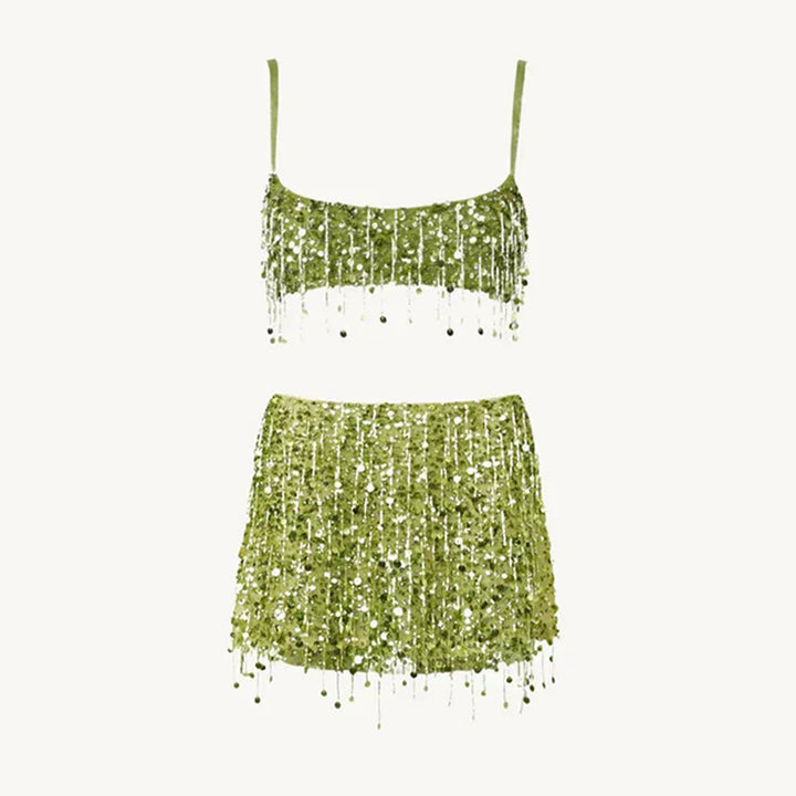 Modefransbikini med paljetter för dam, trendiga badkläder som ger en glittrande sommarlook.