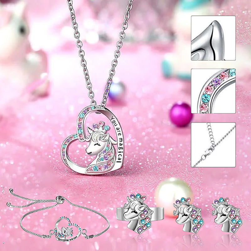 "Glittrande enhörningshalsband och örhängen för flickor med färgglada Cubic Zirconia kristaller, perfekt accessoar."