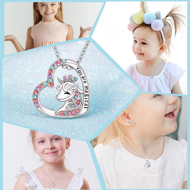 "Glittrande enhörningshalsband och örhängen för flickor med färgglada Cubic Zirconia kristaller, perfekt accessoar."