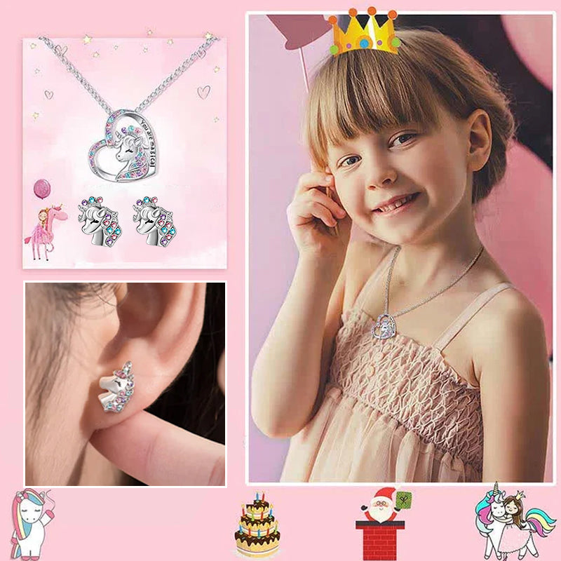 "Glittrande enhörningshalsband och örhängen för flickor med färgglada Cubic Zirconia kristaller, perfekt accessoar."