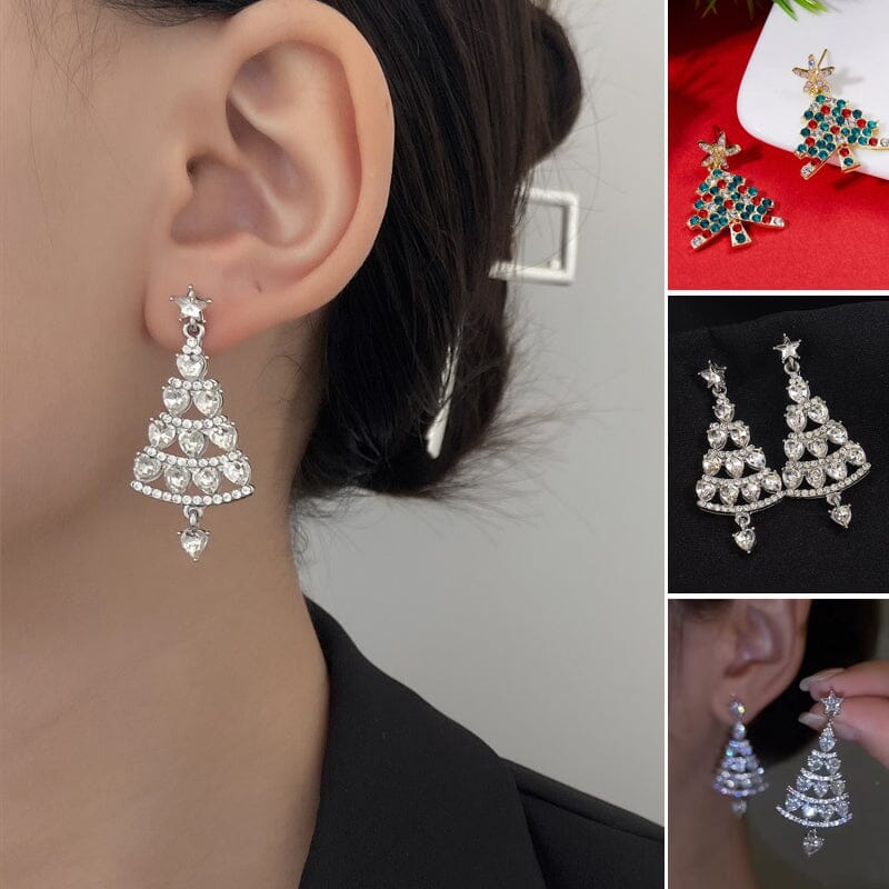 "Glittrande julgranörhängen för kvinnor i guld, silver och grönt, perfekt till festliga outfits, med hypoallergen design."
