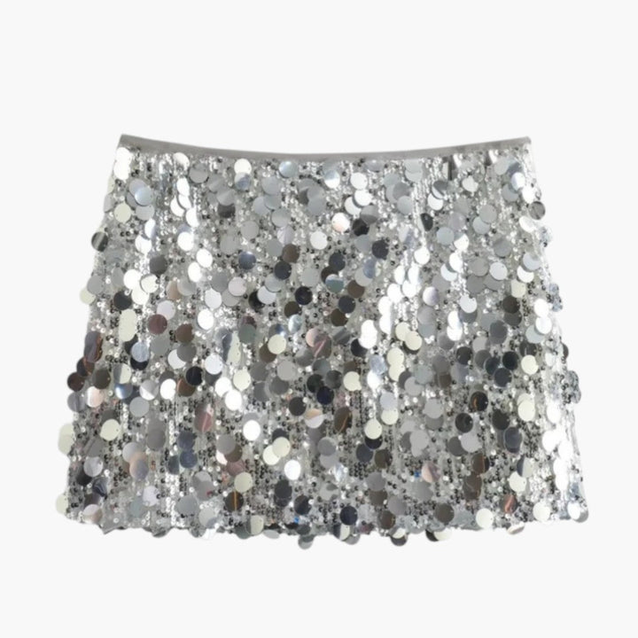 Elegant svart paljett minikjol med glitter och elastisk midja för kvinnor. Festlig och trendig för utekvällen.