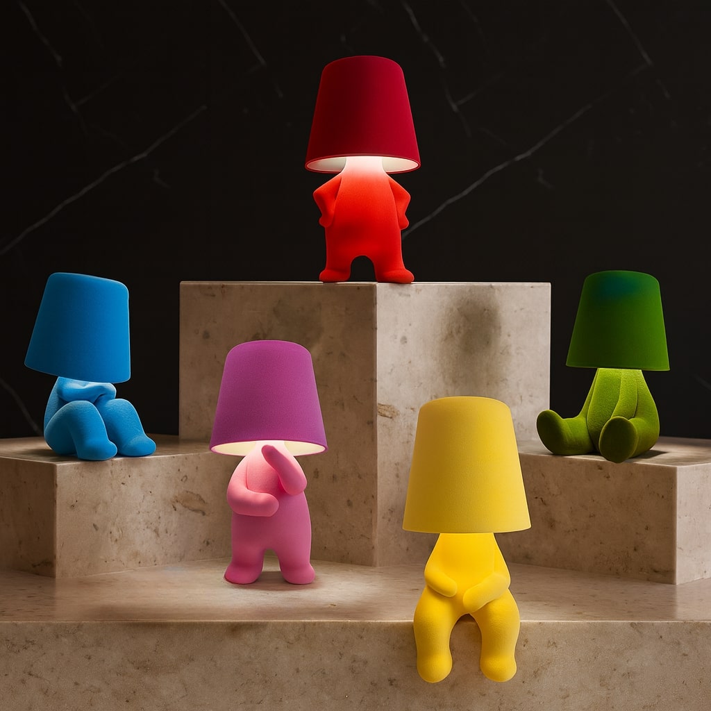 Färgstarka GlowFigur bordslampor i olika kulörer uppställda i ett rum