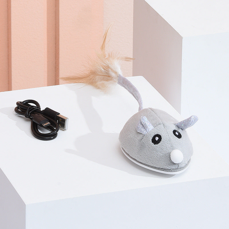 Grå kattleksak med fjäder för interaktiv lek, stimulerar kattens jaktinstinkt. USB-laddningsbar.