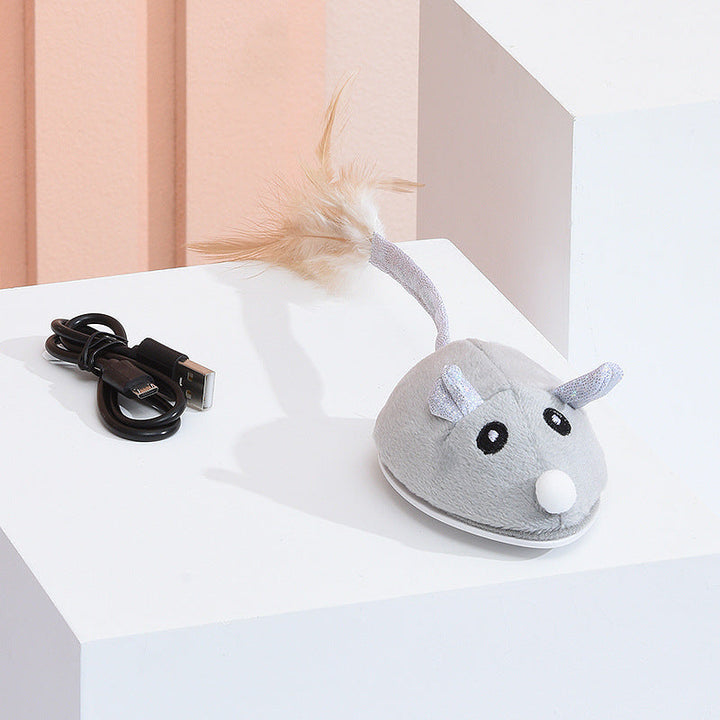 Grå kattleksak med fjäder för interaktiv lek, stimulerar kattens jaktinstinkt. USB-laddningsbar.