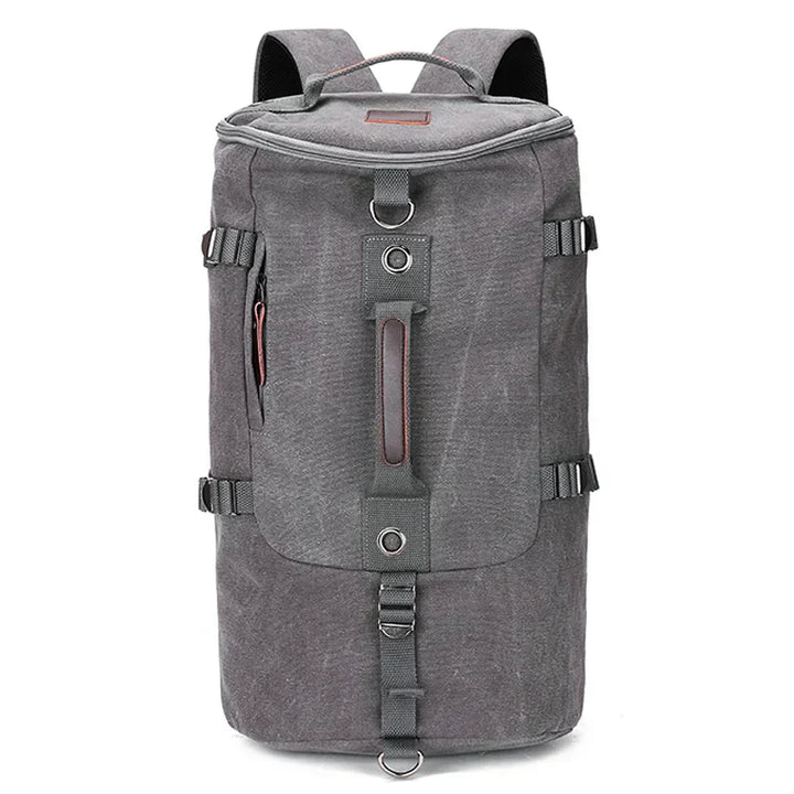 Svart canvasryggsäck för vandring. Stor kapacitet, hållbar unisex design för utomhusäventyr.
