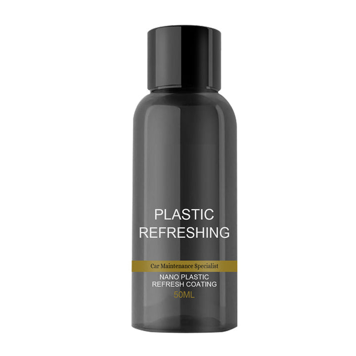 "Grå flaska med bilplast renoveringsmedel, perfekt för rengöring och skydd av bilens plastdelar, 50ML innehåll."