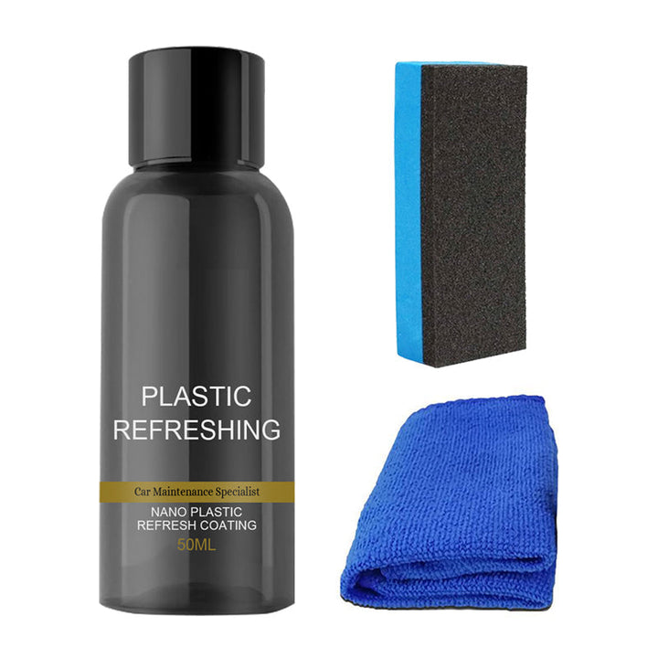 "Grå flaska med bilplast renoveringsmedel, perfekt för rengöring och skydd av bilens plastdelar, 50ML innehåll."