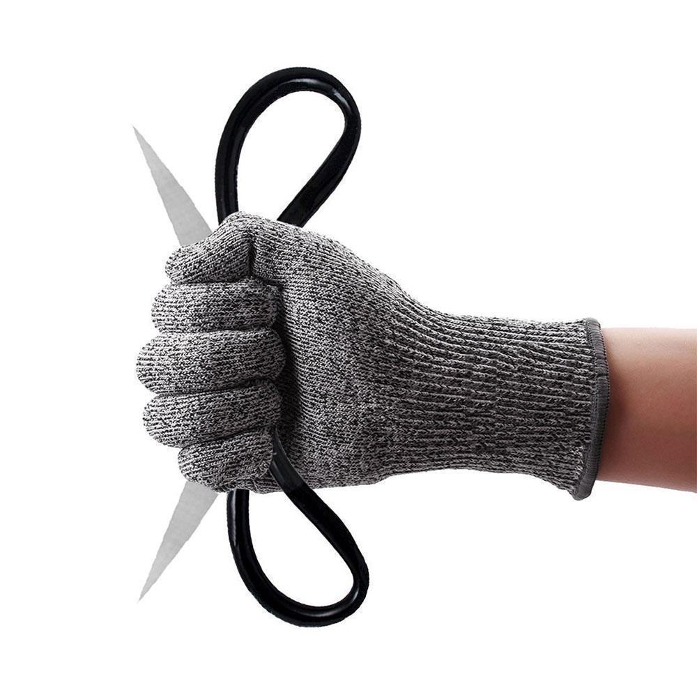 "Grå skärbeständiga handskar i HDPE med ergonomisk design, perfekta för säker matlagning och hantverk."