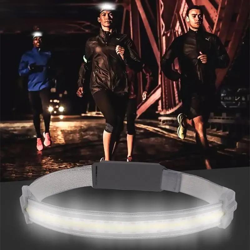 "Grå unisex USB-uppladdningsbar pannlampa, lätt och stilren för löpning, vandring och cykling."
