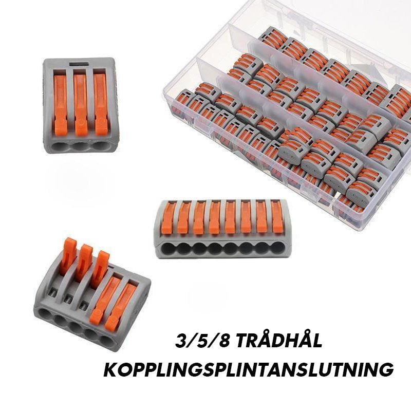 Grå universell kopplingsklämma för snabb och säker elanslutning med orange spak.