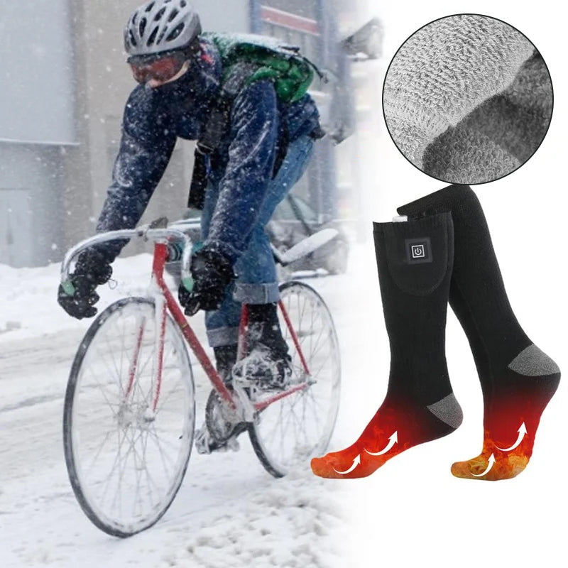 "Grå uppvärmda strumpor för utomhusbruk, kolfiberuppvärmning, justerbara temperaturinställningar, bekväma material."