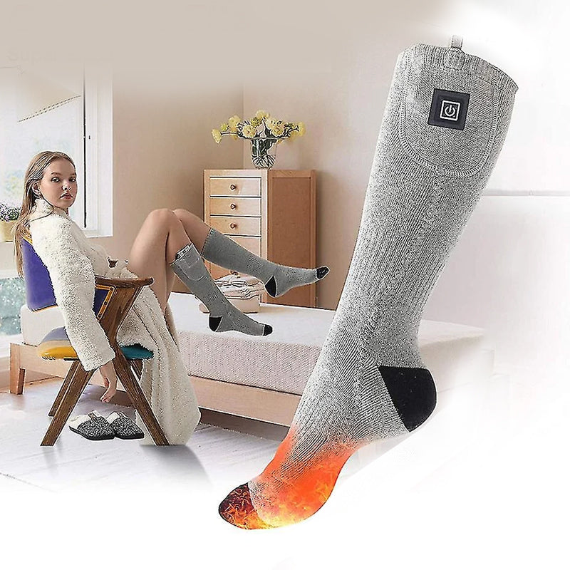 "Grå uppvärmda strumpor för utomhusbruk, kolfiberuppvärmning, justerbara temperaturinställningar, bekväma material."