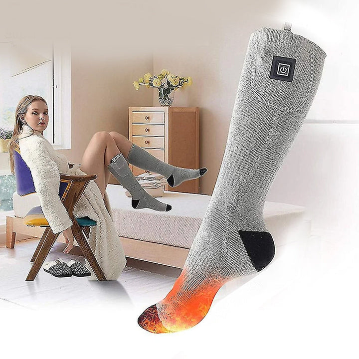"Grå uppvärmda strumpor för utomhusbruk, kolfiberuppvärmning, justerbara temperaturinställningar, bekväma material."