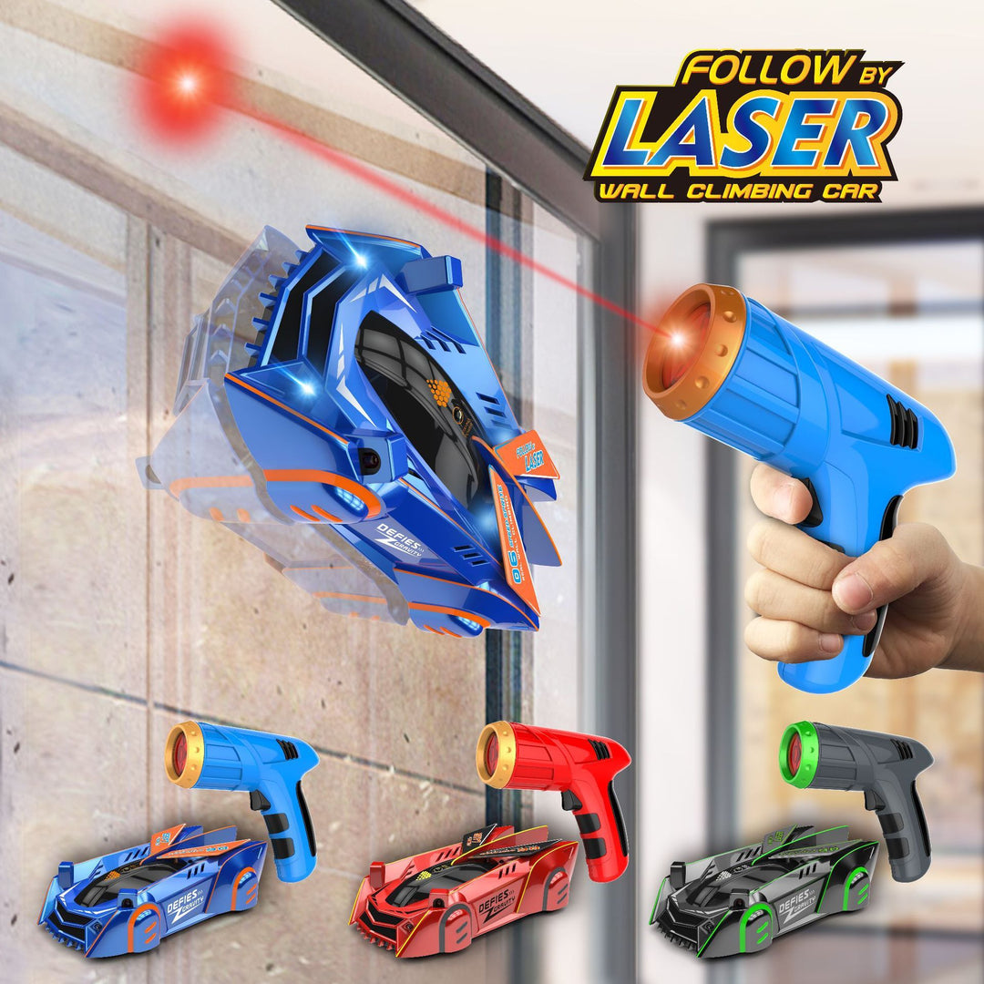 Blå och andra färger av laserstyrda väggklättrande bilar som kör på glas