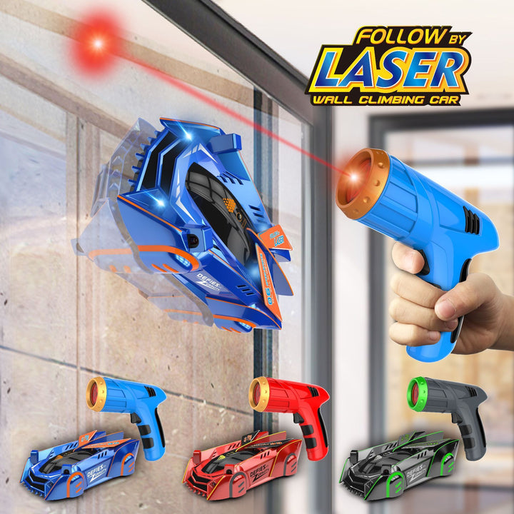Blå och andra färger av laserstyrda väggklättrande bilar som kör på glas