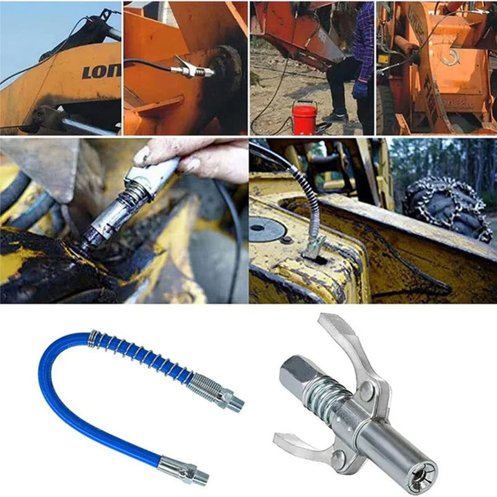 Grease gun coupler i rostfritt stål med dubbelhandtag, ergonomisk design, och läckagesäkra käftar för smidig användning.
