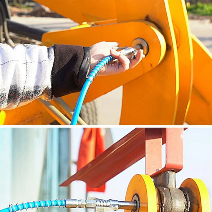Grease gun coupler i rostfritt stål med dubbelhandtag, ergonomisk design, och läckagesäkra käftar för smidig användning.